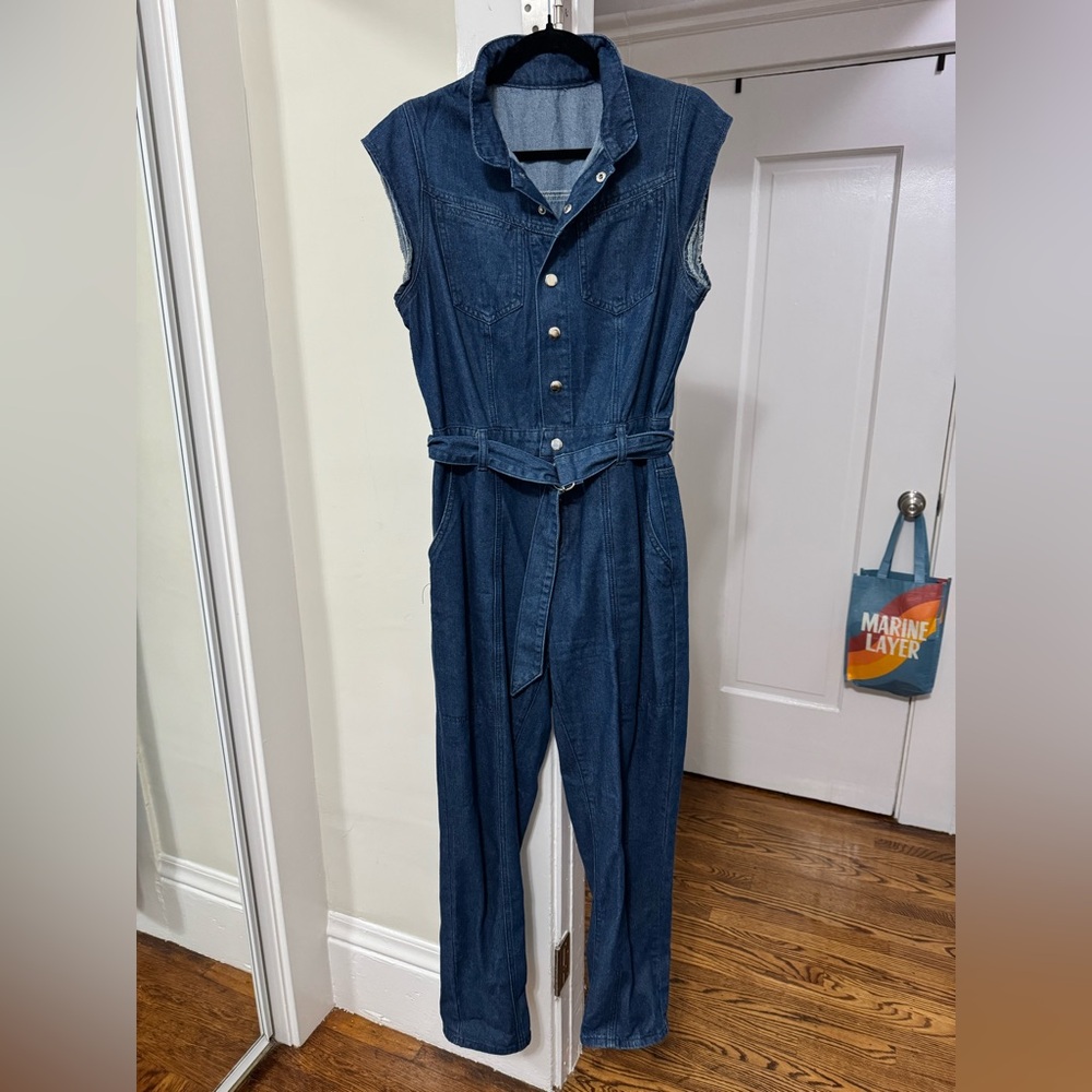 Sleeveless Denim Jumpsuit with Belt - M
